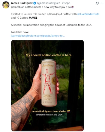Esta es la publicidad que hizo James Rodríguez, de un café frío, que llevó a que Carlos Antonio Vélez hiciera el símil con la camiseta de la selección Colombia - crédito @jamesrodriguez/X