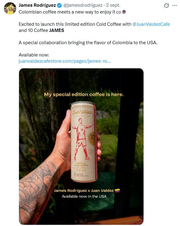 Esta es la publicidad que hizo James Rodríguez, de un café frío, que llevó a que Carlos Antonio Vélez hiciera el símil con la camiseta de la selección Colombia - crédito @jamesrodriguez/X