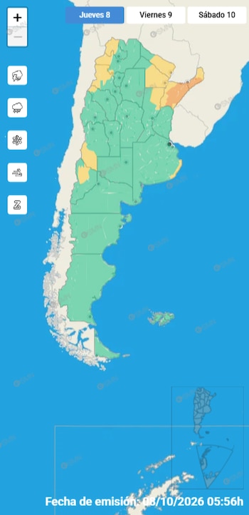 Mapa de Argentina con regiones coloreadas en verde, amarillo y naranja, junto a un menú lateral de iconos meteorológicos