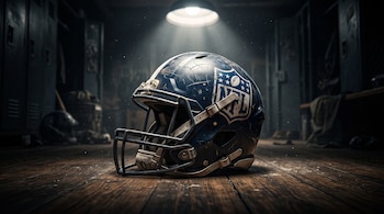 Un casco azul de fútbol americano con el emblema de la NFL sobre un piso de madera iluminado por una lámpara.