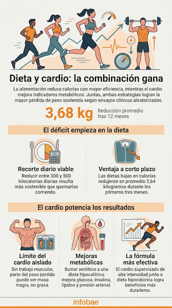 Infografía con ilustraciones de personas corriendo y levantando pesas, un plato de comida, una báscula, gráficos y textos explicativos.
