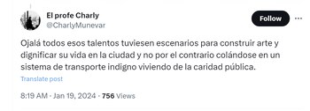 Usuario de X exaltó el talento de cantantes de TransMilenio - crédito @CharlyMunevar/X