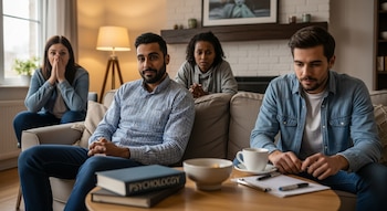 Cuatro personas sentadas en una sala. Un hombre con camisa a cuadros, un hombre con camisa de mezclilla, dos mujeres. Mesa con libro de psicología, taza y portapapeles.