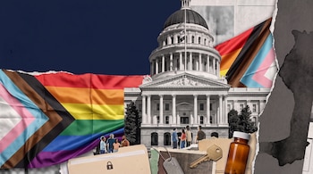 Collage con el Capitolio de California, banderas arcoíris, recortes de personas, una carpeta con candado, una placa militar y un frasco.