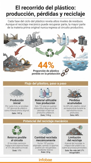 Diagrama de flujo sobre el ciclo del plástico, mostrando etapas de producción, productos, residuos, contaminación y potencial de reciclaje con porcentajes.