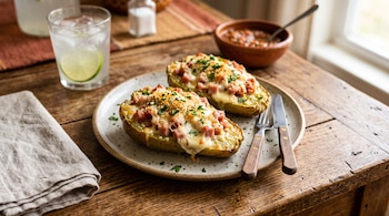 Dos chayotes rellenos de jamón y queso fundido en un plato con cubiertos, junto a un vaso de agua y un recipiente con salsa.