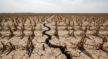 Terreno agrícola seco con una grieta central profunda, flanqueado por hileras de cultivos marchitos. Cielo claro y soleado visible en el horizonte.