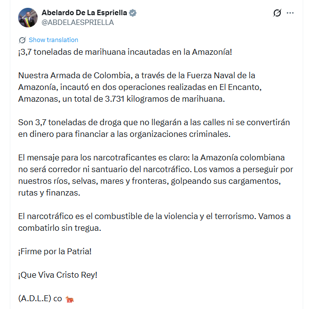 Este fue el mensaje oficial del presidente Abelardo de la Espriella sobre el operativo - crédito @ABDELAESPRIELLA/X