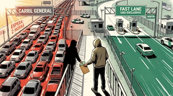 Ilustración de una garita fronteriza con congestión vehicular, un carril rápido y una persona entregando dinero en un sobre.