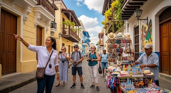Una guía sonriente señala el camino a un grupo de turistas con cámaras en una calle adoquinada. Un vendedor de sombreros y recuerdos se ve a la derecha.