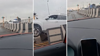 Motociclista no paga caseta en la autopista Peñón-Texcoco y activa sistema antievasión dañando una camioneta
