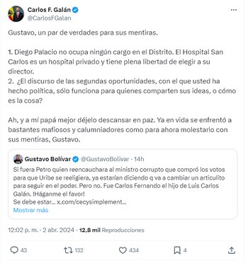 Galán desmiente acusación de Bolívar