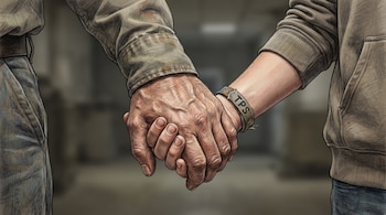 Ilustración fotorealista de dos manos entrelazadas: una mano curtida de un adulto mayor y la otra, más joven, de un adolescente con una pulsera que dice TPS.