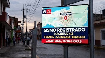 Pantalla digital en una calle urbana muestra un mapa con la ubicación del epicentro de un sismo y datos sobre su magnitud y fecha.