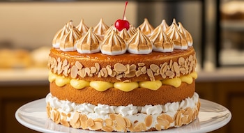 Tarta de tres pisos con bizcocho, crema, almendras laminadas, merengue tostado y una cereza roja en la parte superior, sobre un plato blanco.