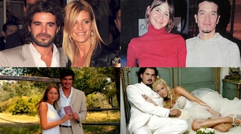 Cuatro fotografías dispuestas en cuadrícula muestran a parejas de hombres y mujeres posando juntos, dos de ellas vestidas de novios.