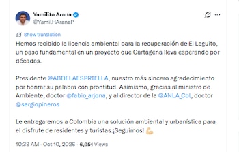 Gobernador de Bolívar, Yamil Arana, celebró avance legal para las obras de El Laguito, en Cartagena - crédito