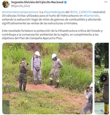 Operativo en Santander desmantela conexiones clandestinas y protege infraestructura petrolera - crédito @Ejercito_Div2/X
