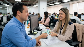 Una mujer con blusa beige y azul entrega billetes colombianos de 50.000 y 100.000 pesos a un hombre con camisa azul en una oficina con monitores.