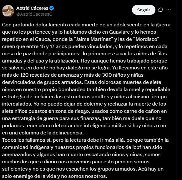 Astrid Cáceres invitó a los colombianos a movilizarse en los puntos estratégicos para impedir que las disidencias de las Farc y otros grupos armados recluten jóvenes - crédito @AstridCaceresC/X
