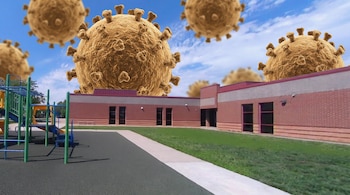 Fachada de ladrillo de un colegio con patio de juegos y césped, bajo un cielo con esferas marrones provistas de protuberancias.