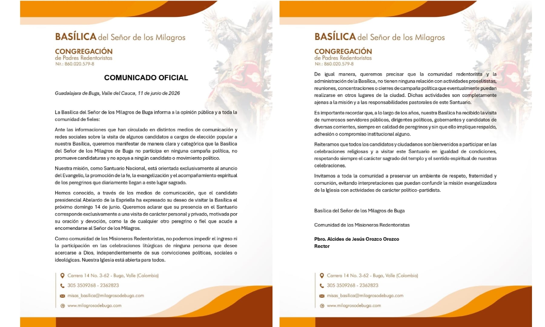 La Basílica del Señor de los Milagros de Buga indicó que no apoya ningún movimiento político o campaña y que la visita de Abelardo de la Espriella es de carácter personal - crédito Basílica del Señor de los Milagros de Buga/Facebook