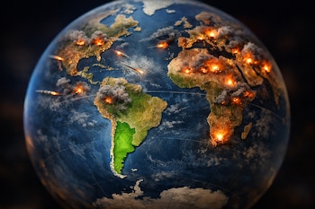 Globo terráqueo con Argentina en verde. El resto de los continentes muestran explosiones, humo y misiles volando, indicando conflicto global.