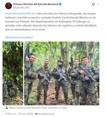 Durante seis días, los militares realizaron patrullajes, registros en caminos veredales y recorridos por zonas montañosas del nordeste antioqueño, hasta encontrar a Andrés Casterbondo - crédito @Ejercito_Div1/X