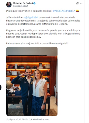 El presidente del Concejo de Medellín, Alejandro de Bedout, celebró el nombramiento de Juliana Gutiérrez - crédito @alejodebedout/X