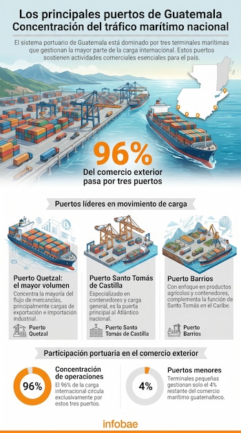 Infografía del sistema portuario de Guatemala. Muestra mapas, barcos de carga, contenedores, grúas, camiones y estadísticas sobre los tres puertos principales del país.