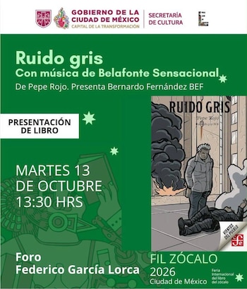 Cartel verde promocional sobre la presentación del libro Ruido gris, con fecha, hora, ubicación y la portada ilustrada de la obra