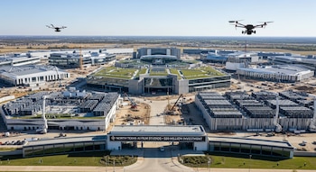 Vista aérea de un gran complejo de edificios modernos y un sitio de construcción bajo un cielo azul claro, con dos drones volando y una señal de "NORTH TEXAS AI FILM STUDIOS".