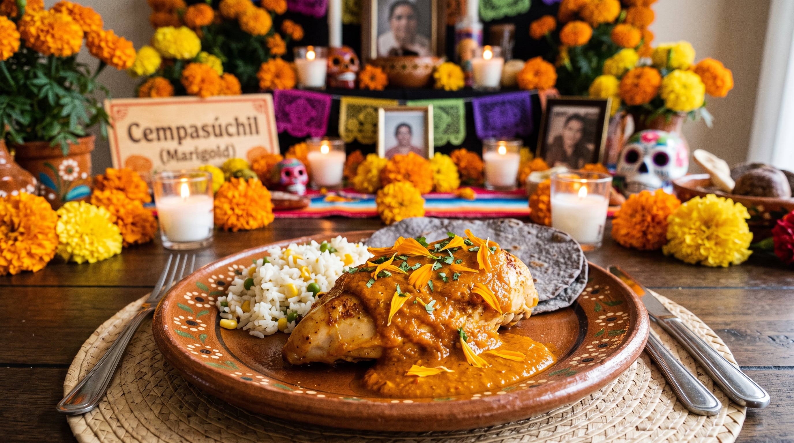 Un plato de pollo con salsa de cempasúchil y arroz acompaña una ofrenda tradicional decorada con flores y velas durante la conmemoración del Día de Muertos. (Imagen Ilustrativa Infobae)