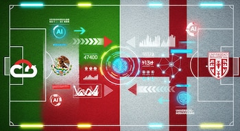 Campo de fútbol dividido en dos banderas, México y Inglaterra, con gráficos de inteligencia artificial y datos. Incluye el logo de Google Cloud y Universidad Iberoamericana.