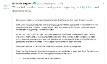 Goldman Sachs publicó un comunicado donde dijo que los solicitantes de Apple Card fueron evaluados teniendo en cuenta su situación crediticia y aseguró que no se discriminó por cuestiones de género.