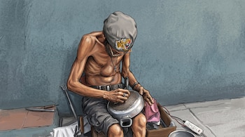 Ilustración de un hombre sin camiseta que graba un recipiente metálico rodeado de herramientas sobre el suelo.