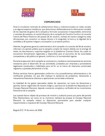 Comunicado Carolina Corcho sobre su