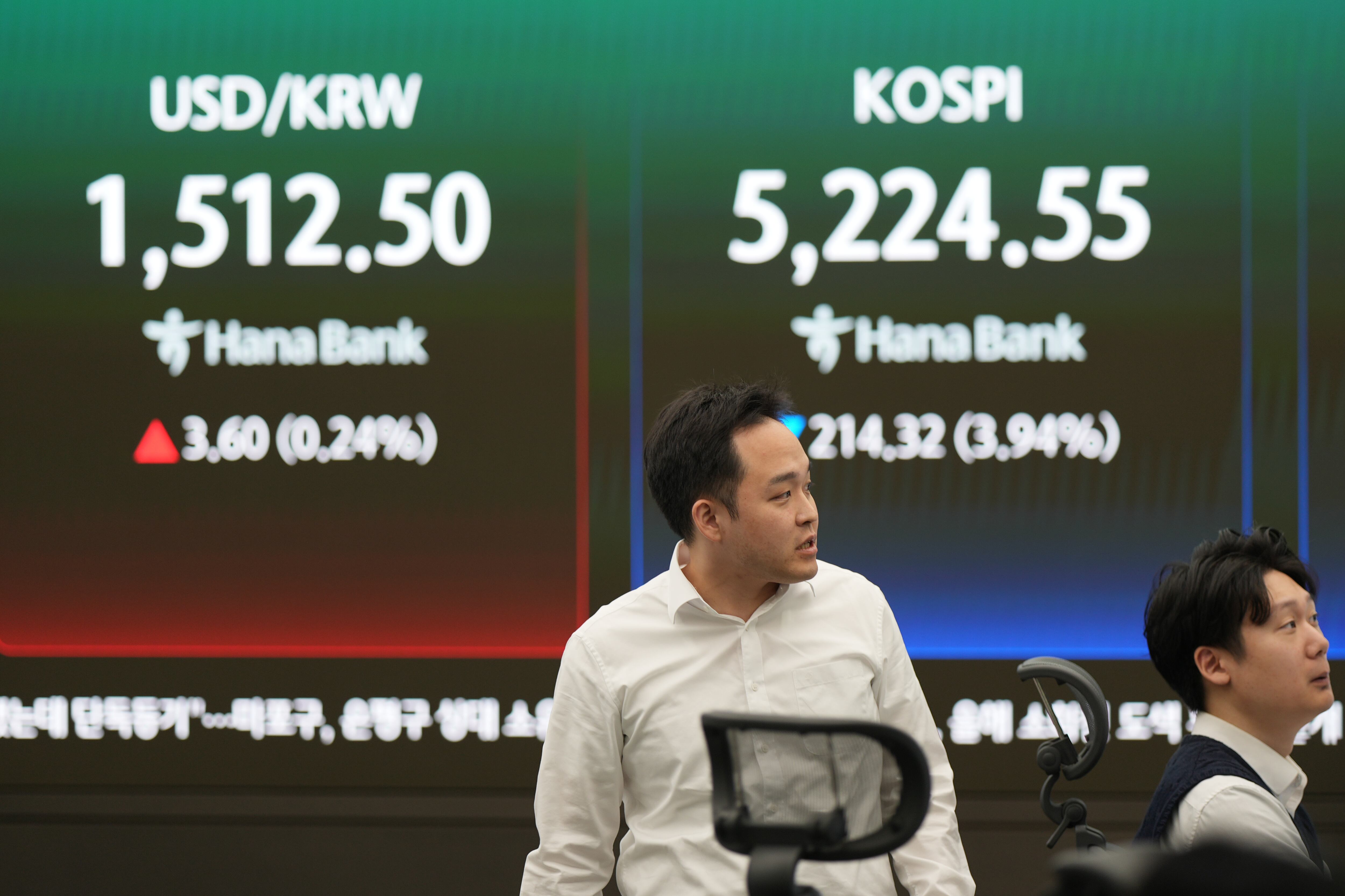 Operadores cerca de las pantallas que muestran el Índice Compuesto de Precios de Acciones de Corea (KOSPI por sus iniciales en inglés) (Associated Press)