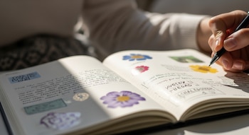 Primer plano de una persona escribiendo con un bolígrafo negro en un cuaderno abierto, con páginas llenas de texto, dibujos y pegatinas de flores.