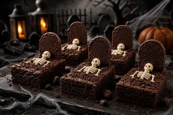 Cinco brownies de chocolate con lápidas y esqueletos decorativos sobre una tabla de madera oscura con calabaza y faroles al fondo.