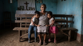 Una anciana sentada en un banco de madera abraza a un niño y una niña en un cuarto con paredes azules y un altar religioso de fondo.