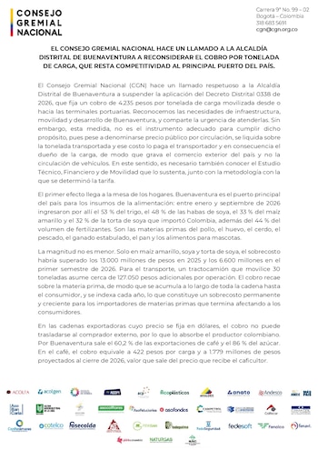 El Consejo Gremial hizo un llamado a la Alcaldía distrital de Buenaventura a reconsiderar el cobro por tonelada de carga, que resta competitividad al principal puerto del país - crédito Consejo Gremial