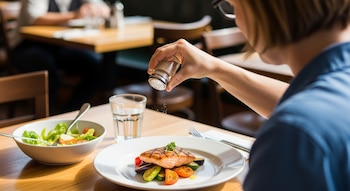 Primer plano de una persona añadiendo sal con un salero a un plato de salmón a la parrilla y verduras. También se ve una ensalada y un vaso de agua.
