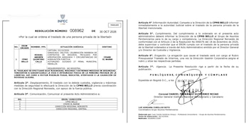 Este es la resolución del Inpec que ordena el traslado de Miguel Quintero a la Cárcel de Cómbita - crédito suministrado a Infobae