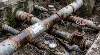 Red de tuberías de agua expuestas con fugas, uniones oxidadas, medidores de agua y una llave de paso en un entorno de tierra y concreto.