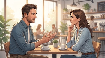 Ilustración de un hombre y una mujer conversando en una cafetería luminosa con mesas de madera y plantas. Hay dos tazas de café y una maceta en la mesa.