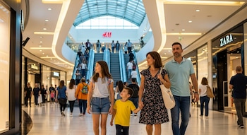 Una familia de cuatro (madre, padre, hija y hijo) camina por un pasillo de un centro comercial moderno con tiendas, escaleras mecánicas y un techo de cristal.