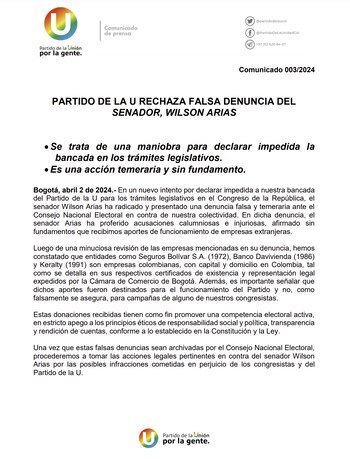 El Partido de La U anunció acciones legales en contra de Wilson Arias por denuncia de presunta financiación ilegal