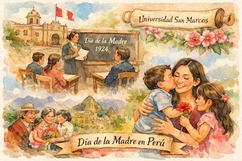 Ilustración en acuarela que muestra el origen del Día de la Madre en la Universidad San Marcos, con escenas históricas y familias celebrando en Perú.