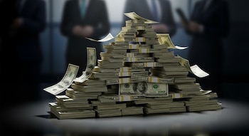 Una montaña de billetes de cien dólares estadounidenses, algunos flotando, con siluetas difusas de personas de traje en el fondo oscuro.